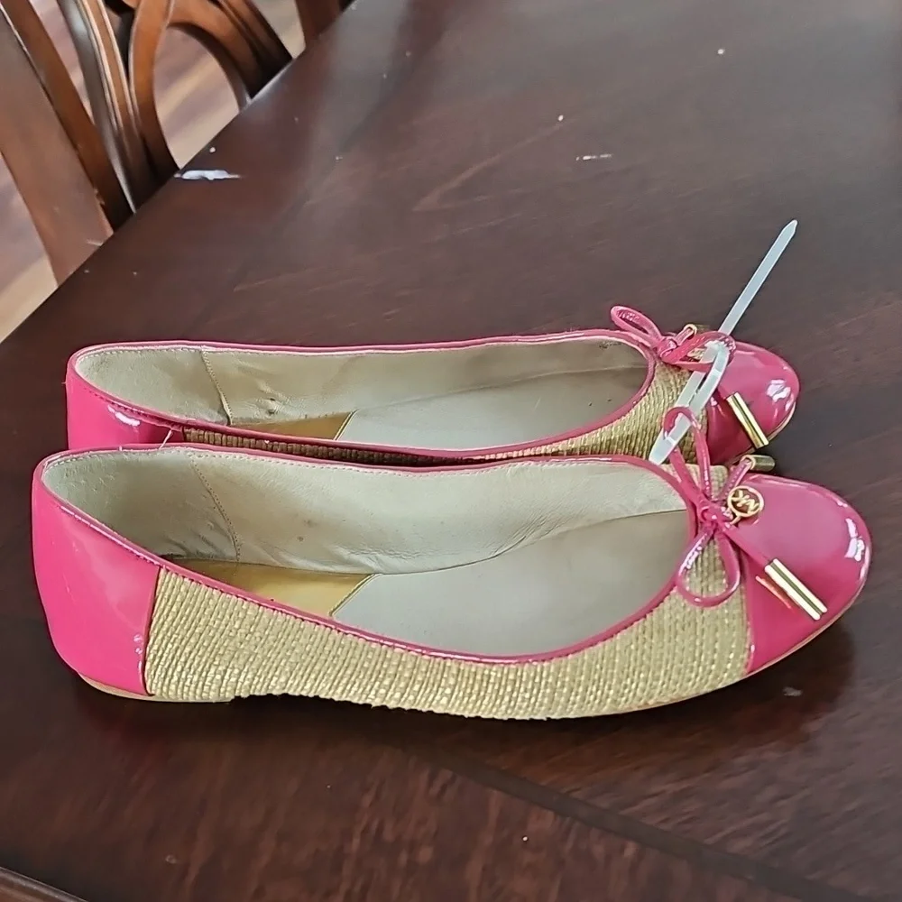 Michael Kors Jordana Pink & Straw Ballet Flats Patent MK Logo Sz 7M
